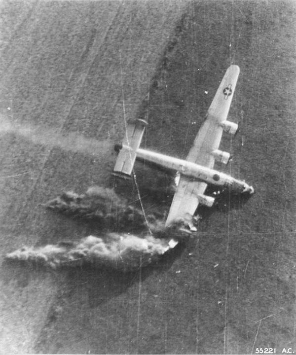 B-24J Liberator of the 854th Bomb Squadron emergency landing