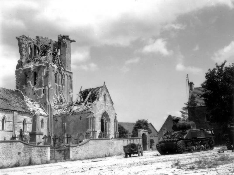 Two disabled M4 Sherman tanks and a litter Jeep near Rots