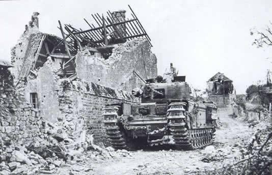 A British Churchill tank of the RTR in observation near Maltot