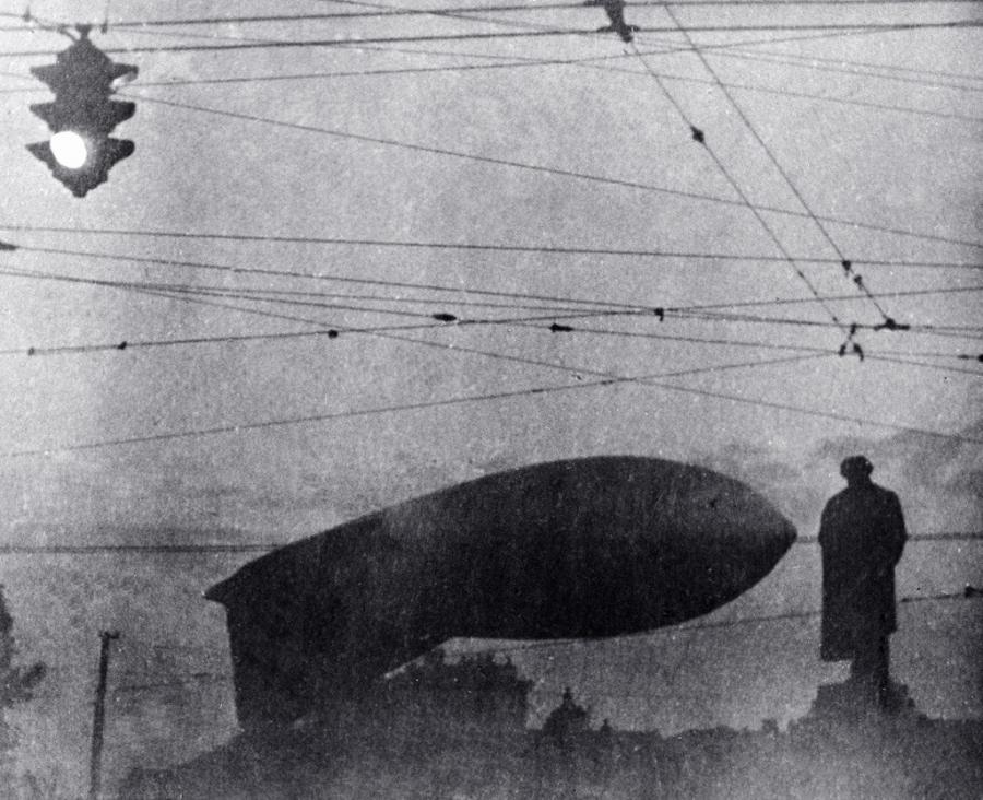 Barrage balloon hangs above the Alexander Pushkin monument