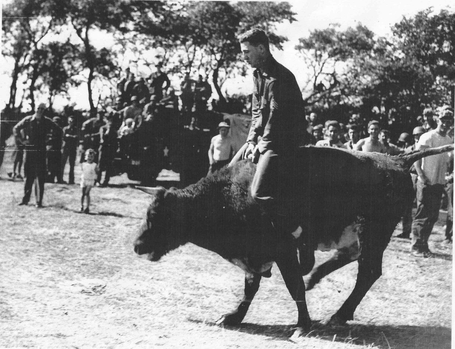 Sgt Breschini, Champion steer rider from California. 1st September 1944