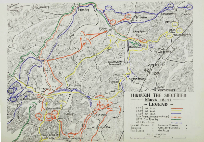 117th Cavalry Reconnaissance Squadron first unit reaches Siegfried Line